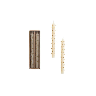 Taper candles with 3D gold dots in ivory; set of four in a box.