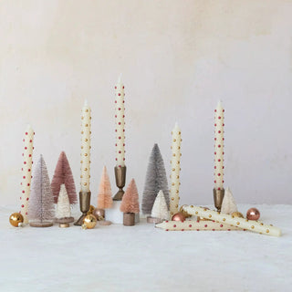 Unscented taper candles with 3D red and gold dot accents; ivory candles in a multi-candle display