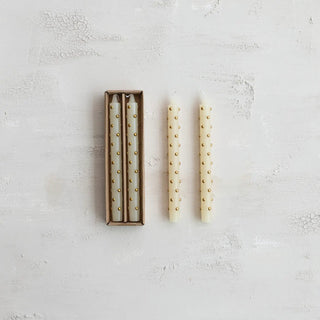 Taper candles, set of 4, unscented, cream and gray with gold 3D dots in a cardboard box