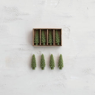 Tree-shaped bottle taper candles, unscented, green, boxed set of 10.