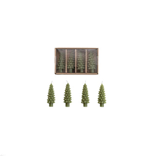Candles: green unscented tree-shaped bottle taper, 8 total (4 in box, 4 loose)