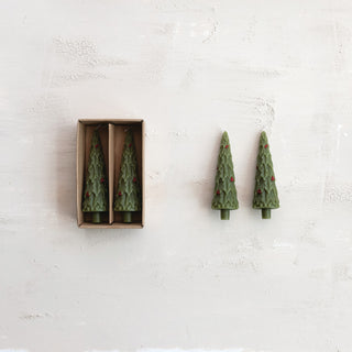 Unscented Tree Shaped Taper Candles in Box with Holly, Set of 2 Candles Creative Co-Op