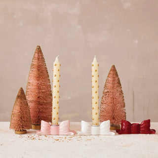 Stoneware bow-shaped taper candle holder, ivory with gold studs, 5W x 2H