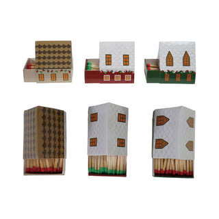 Safety matches in house-shaped matchboxes, set of six with printed windows and rooftops, red and green-tipped matches.