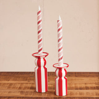 Hand-Painted Ceramic Striped Taper Holder, Red & White Small Candleholders Creative Co-Op