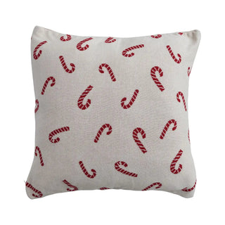 Pillow, 20-inch square cotton knit with red candy cane pattern on cream background.