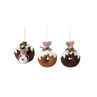 Handmade wool felt mouse on doughnut ornament, set of three brown doughnuts with white icing and holly berries