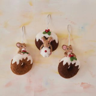 Handmade wool felt mouse on doughnut ornament; set of three brown doughnuts with white icing, red berries, and leaves