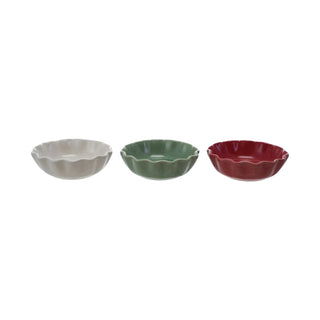 Bowl, 4-inch round stoneware with scalloped edge in white, green, and red (set of 3)