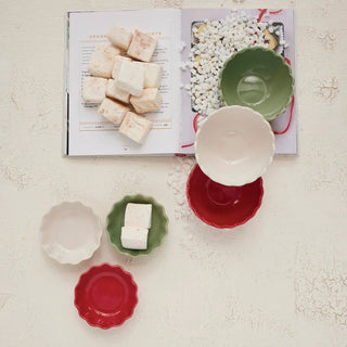 4-inch round stoneware scalloped bowls in red, green, and white