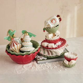 4-inch round stoneware scalloped bowl in red, green and white hues