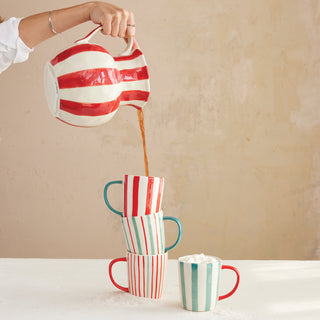 Hand-Painted Stoneware Striped Pitcher with Linen Texture Pitcher Creative Co-Op