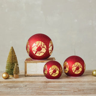Glass Ball with LED Light & Laser Etched Cardinal on Branch Lighting Creative Co-Op