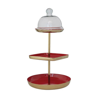 Enameled metal 3-tier tray with glass cloche on a gold stand, red trays