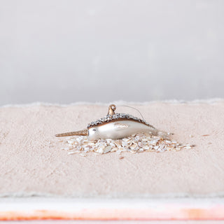 Glass Narwhal Ornament with Beads & Glitter, White & Brown Ornaments Creative Co-Op