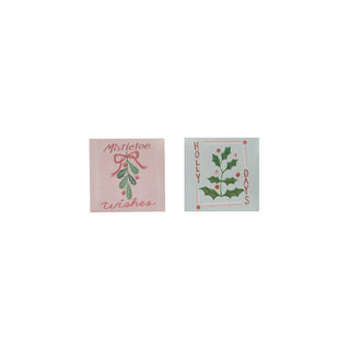 Safety matches in embossed matchbox; two holiday boxes in pink and blue featuring mistletoe and holly designs.