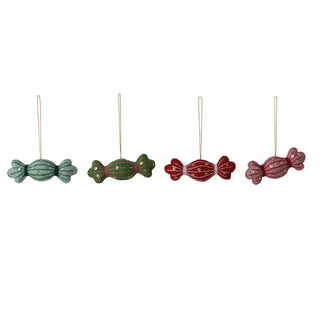 4 handmade wool felt candy ornaments in teal, green, red and pink with embroidery and sequins on gold hanging strings