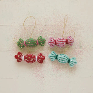 Handmade wool felt candy ornament set of four with gold hanging loops, embroidered stripes and sequins in green, pink, red, teal
