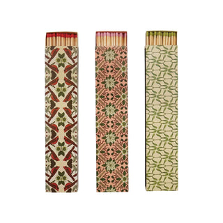 Safety Fireplace Matches in Matchbox with pattern; three boxes with red, pink, and green designs and tips.