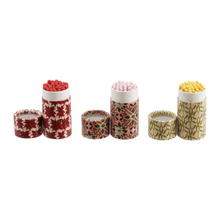 Safety matches in floral-patterned tube matchboxes, set of 3 with red, pink, and yellow botanical designs