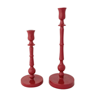 Pair of red enameled cast aluminum taper candle holders