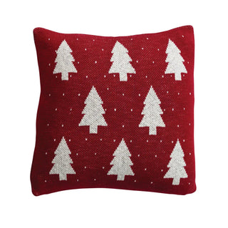18-inch square cotton knit pillow with white Christmas tree pattern on red background