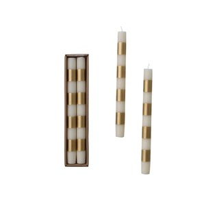 Taper candles: unscented, cream with gold stripes; box of 4 plus 2 loose candles