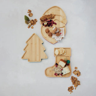 Bamboo tree-shaped cheese/serving board with colored edge; three-board serving set shown.