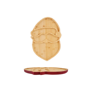 Santa-shaped bamboo cheese board with four section compartments and a red edge, ideal for holiday serving.