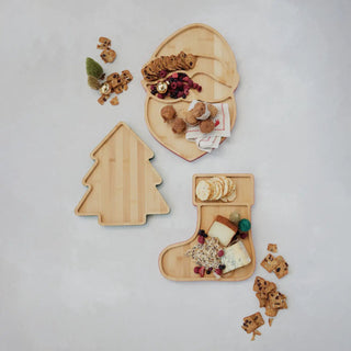Santa head-shaped bamboo cheese/serving board with red edge and four sections, natural finish