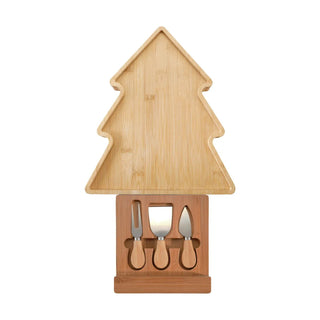 Bamboo tree-shaped cheese and serving board with sliding inset cheese knives.