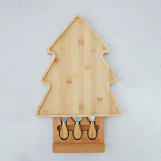 Bamboo tree-shaped cheese board with sliding inset knives, set of four.