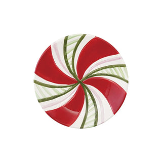 Hand-painted ceramic dinner plate with red, white and green candy-striped swirl.