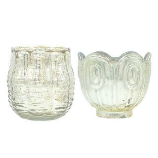 Candleholders set: embossed mercury-glass tealight/votive holders (2) in scalloped and ribbed designs, silver finish.