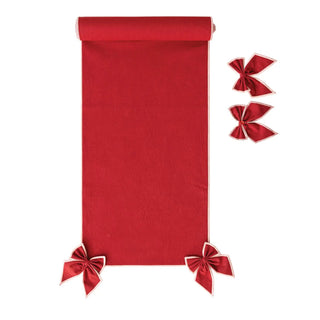 Table runner, red cotton and linen with pink stitched edge and detachable bows.