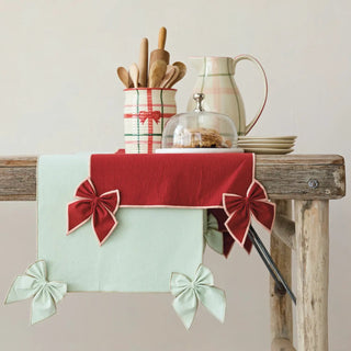 Table runner, cotton and linen, red with pink stitched edge and detachable bows