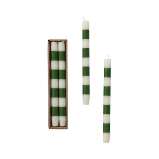 Unscented striped taper candles in green and white; boxed set with four candles, 10-hour burn