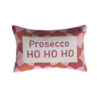 Lumbar pillow, cotton and velvet with pink-orange geometric pattern and white panel embroidered Prosecco HO HO HO.