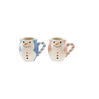 Snowman stoneware mugs, 14 oz, hand-painted with candy-cane striped handles; blue and pink pair (set of 2)