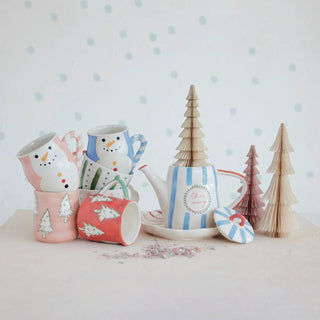 14 oz hand-painted stoneware mug with snowman motif and candy-cane handle, shown with festive mugs