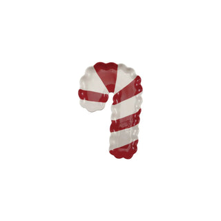 Stoneware candy cane-shaped serving dish with red and white stripes and scalloped edges