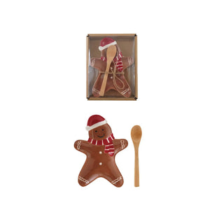 Gingerbread-shaped ceramic dish with bamboo spoon, tied with jute; boxed 2-piece set