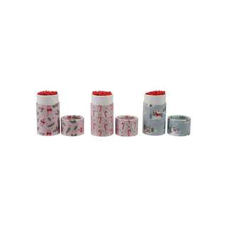 Safety matches in decorative tube matchboxes, five holiday-pattern tubes with red-tipped matches