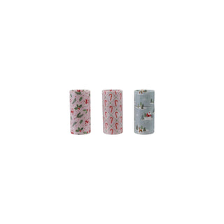 Safety matches in holiday-patterned tubes, set of 3 with pink holly, candy cane, and blue winter village designs
