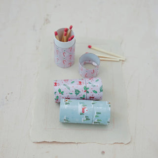 Safety matches in holiday-patterned tube matchboxes; set of 3 pastel decorative tubes with red-tipped matches