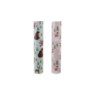 Safety fireplace match tubes in holiday patterns; two blue and pink tubes featuring trees, animals, and snowflakes.