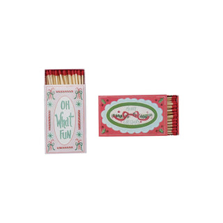 Safety matches in embossed holiday matchbox set; two red-topped boxes with Oh What Fun and Merry Christmas designs
