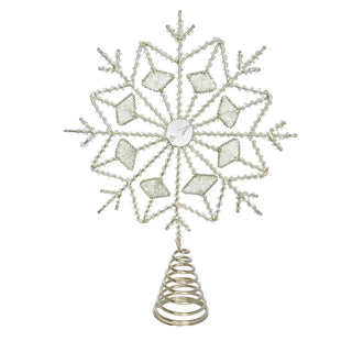 Metal and glass beaded snowflake tree topper in silver finish on a spiral stand