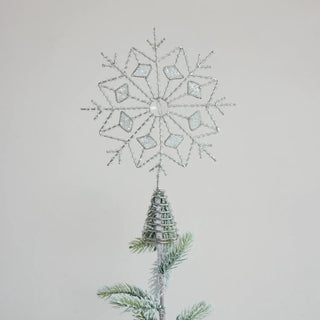 Snowflake tree topper ornament, silver metal frame with glass-bead accents.