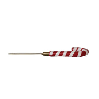 Stainless steel spreader with candy cane shaped red-and-white resin handle for serveware